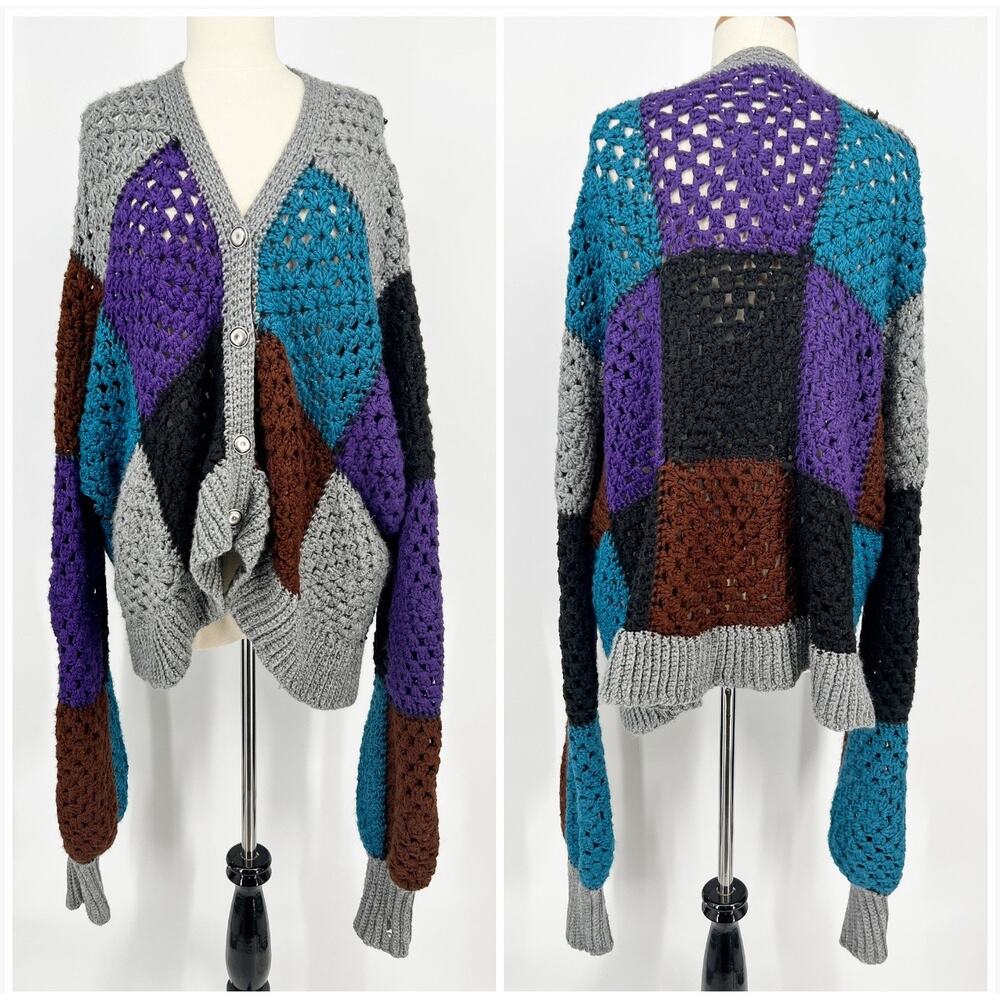 Handmade Patchwork Open Crochet Cardigan Sweater Hand Knit Oversized Purple Blue